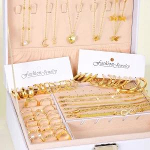 Set Aksesori Emas, Kalung, Anting-anting, Cincin, Gelang dan Gelang Kaki, untuk Wanita, Fesyen Harian, Barang Kemas Aloi Rama-rama Manik Bergaya, Hadiah, [COD], Tiada Kotak Termasuk