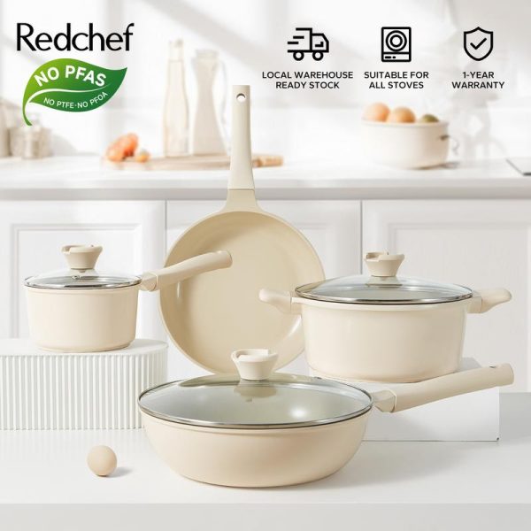 Redchef Nonstick Ceramic Rock 7 Pcs Cookware Set Non PFAS& PTFE& PFOA Suitable for All Stoves Induction Wok Frying Pan Saucepan