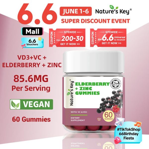 [Promote] Nature's Key Gummy Sambucus + Zink membantu meningkatkan daya tahan tubuh. Mengandungi ekstrak elderberry, zink, vitamin D3 dan vitamin C dalam formulasi gummy tanpa gula yang sesuai untuk pengguna dewasa