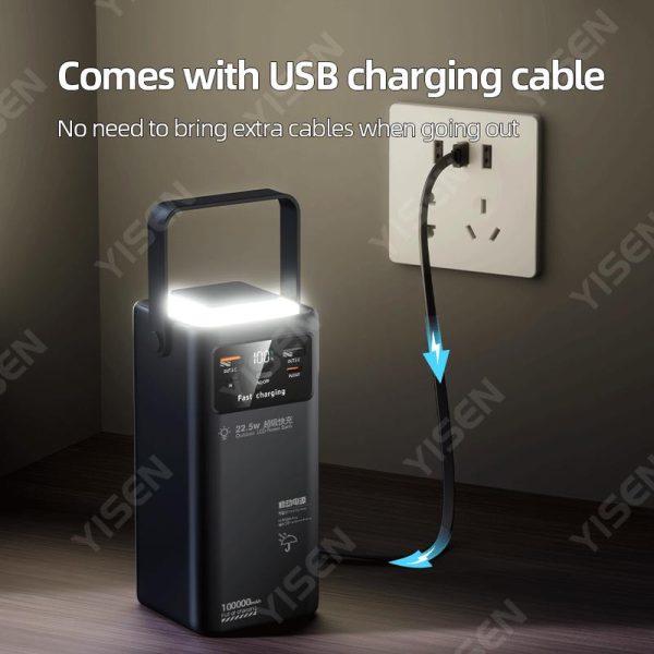 60000mAH 100000mAH Fashion Ultra Large Capacity Power Bank 22.5W Super Fast Charging Built-in 4 Cables Outdoor Portable LED Light With 7 Output Battery Electronic Powerbank