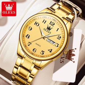 【Garanti 1 tahun】OLEVS Jam Tangan Lelaki Pria Men's Watch Original Quartz Calendar Digital Waterproof Gold Steel Watch For Men Tahan Karat 5567 Watches With Box Rotundity Bahan Logam Dalam Stok Banyak Warna Pejabat Parti Pemberian Hadiah