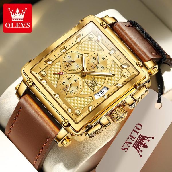 OLEVS Jam Tangan Lelaki Tulen 9925 Tali Kulit Berkilau Kalis Air Tiga Mata Dail Segi Enam untuk Lelaki Watches