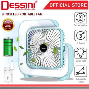 DESSINI ITALY 3 Speed USB Rechargeable Stand Table Desk Fan Color Light LED Lamp Air Ventilator Conditioner Cooler Kipas