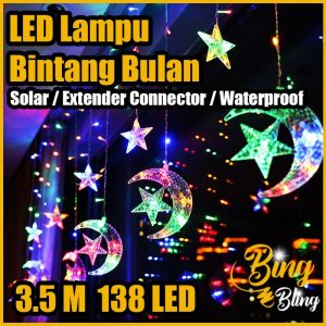 【Bing Bling】【 3.5M | 138 LED】2025 Viral【 Solar | Plug】 Lampu Raya Bulan Bintang Moon Star Light Curtain Waterproof Outdoor Lighting Hiasan Lip Lap Klip Kelip Kelip2 Warna Warni Fairy String Colour Taman Hiasan Decoration Garden Hari Raya Aidilfitri