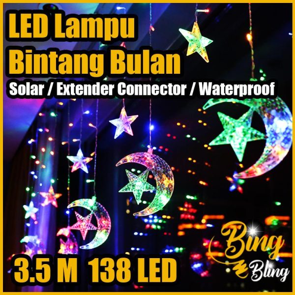【Bing Bling】【 3.5M | 138 LED】2025 Viral【 Solar | Plug】 Lampu Raya Bulan Bintang Moon Star Light Curtain Waterproof Outdoor Lighting Hiasan Lip Lap Klip Kelip Kelip2 Warna Warni Fairy String Colour Taman Hiasan Decoration Garden Hari Raya Aidilfitri