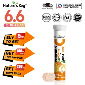 Nature's Key 1000mg Vitamin C + 10mg Zinc Tablet Effervescent, membantu meningkatkan sistem imun, 10 tablet dalam satu botol Health Supplements