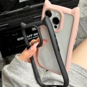 Sarung Telefon Telinga Kucing, Gaya Ins, Untuk iPhone 11, 15, 14, 13, 12, Pro, Xs Max, X, XR, Sarung Akrilik Jelas, Reka Bentuk Korea, Anti Cap Jari, Sarung Telefon Bimbit, Penutup Belakang Pelindung Kalis Kejutan
