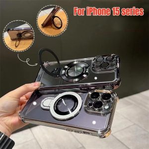 Luxury Metal Stand Plating Magnetic Case for IPhone 15 14 13 12 11Pro max With Camera Protector Back shockproof Cover Silicone Mobile