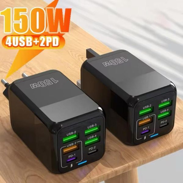 150W 6 in 1 Fast Charging Phone Charger Adapter 4 USB 2 PD QC 3.0 Mobile Phone