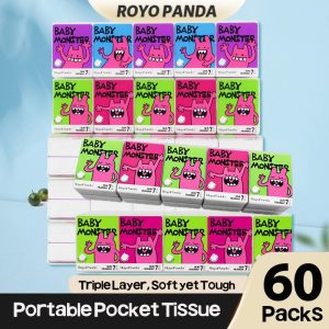 【60 Pcs】 ROYO PANDA POCKET TISSUE BABY MONSTER SERIES - 3-Ply Super Absorbent *7 Sheets (200*200mm) | Tisu Poket Mesra Alam, Tahan Koyak & Waterproof | Portable Tisu Kecil Mini untuk Travel, Doorgift & Kulit Sensitif, Teachers Day Gift
