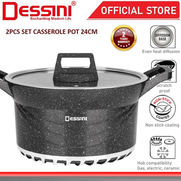DESSINI ITALY GSB-24 Granite Die Cast Aluminium Non Stick Casserole Pot Bowl Deep Fry Pan Cookware Tool PERIUK (24cm)
