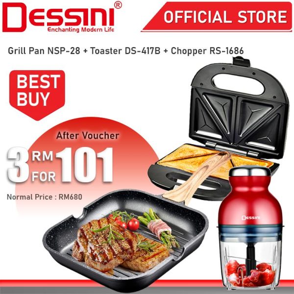 DESSINI ITALY 28cm Marble Stone Induction Grill Frying Pan Kuali + Pizza Panini Waffle Sandwich Toaster + 900mL Capsule Cutter Chopper Blender Grinder Mixer Mincer Pengisar Pengadun