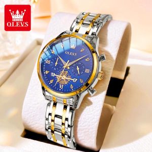 OLEVS Jam Analog Tangan Wanita Original Kalis Air Asli Dengan Kotak Tali Keluli Tahan Karat Warna Emas Biru dan Putih with Free Box 2897 Watches Rotundity Bahan logam dalam stok Banyak warna Pejabat, parti, pemberian hadiah Garanti 1 tahun