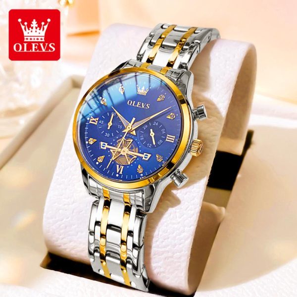 OLEVS Jam Analog Tangan Wanita Original Kalis Air Asli Dengan Kotak Tali Keluli Tahan Karat Warna Emas Biru dan Putih with Free Box 2897 Watches Rotundity Bahan logam dalam stok Banyak warna Pejabat, parti, pemberian hadiah Garanti 1 tahun