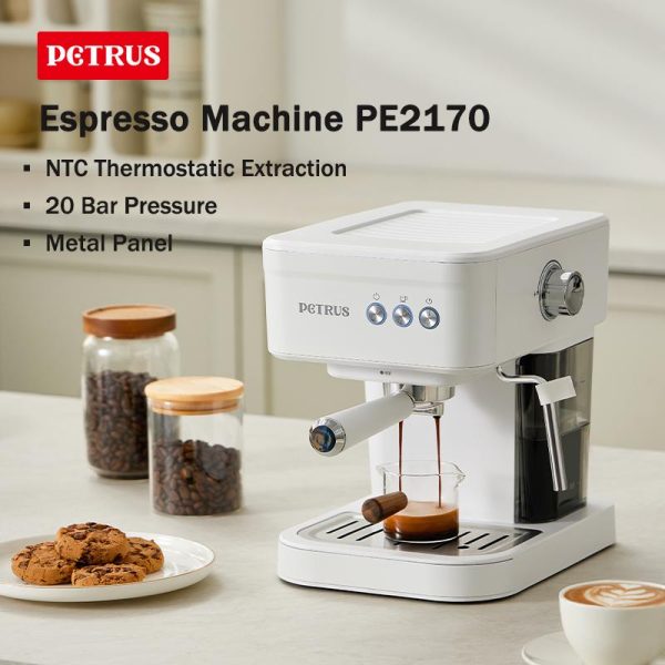 Petrus Espresso Machine Coffee Maker 20 Bar with Metal Panel Powerful Steam Wand Mocha Latte Mesin Pembuat Kopi PE2170