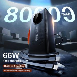 【NEW 2025】100％ original 80000mAh Powerbank PD 66W QC 3.0 Fast Charging Power bank High Capacity with 4 cords+ LED Digital Display iPhone/micro/Type-C/USB