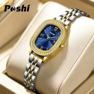 Jam Tangan Fesyen Wanita, POSHI, Reka Bentuk Dail Bujur Berlian Mewah, Kalis Air, Jam Tangan Kuarza Keluli Tahan Karat, Untuk Wanita, 100% ASLI