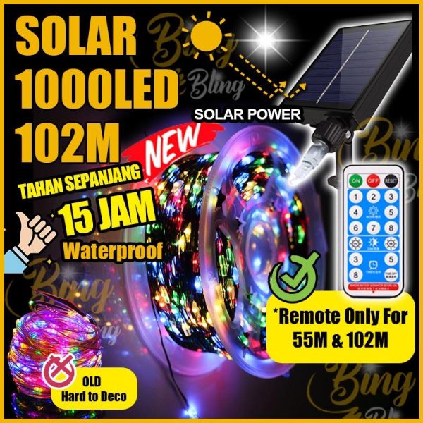【Bing Bling】【2025 New Upgrade Version 8 Modes 102 | 55 | 44 | 33 | 22 | 12M + Roller】Viral Lampu Raya SOLAR LED Outdoor Waterproof Lampu Lip Lap Klip Kelip Kelip2 Warna Warni Fairy String Colour Light Lighting Taman Hiasan Decoration Garden Lights