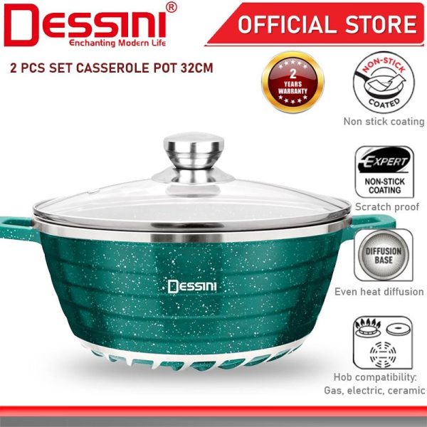 DESSINI ITALY Granite Die Cast Aluminium Non Stick Casserole Pot Bowl Deep Fry Pan Cookware Tool (32cm)