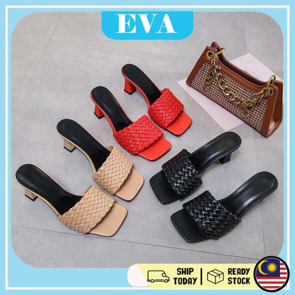 READY STOCK EVA Women High Heel Shoes Woven Design Fashion Kasut Tinggi Perempuan Wanita