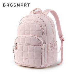 Beg galas komputer riba kalis air, BAGSMART, 15.6 inci, dengan petak besar, Beg Sekolah Kasual Berkuilt, Warna Merah Jambu, Sesuai untuk Perjalanan, Untuk Wanita dan Lelaki