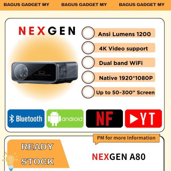 NexGen A80 Projector Android 11 with Dual WIFi Band Auto Focus and Keystone