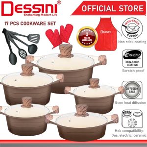 DESSINI ITALY Granite Aluminium Non Stick Casserole Pot Bowl Deep Fry Pan Cookware Tool (17 Pcs)