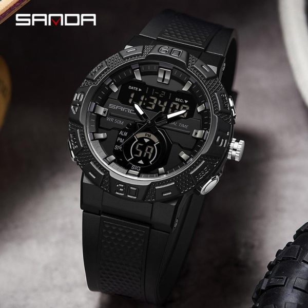 Jam Tangan Digital Dwi Paparan, AW24 SANDA, 3087, LED Berkilau, Kalis Air, dengan Kalendar dan Jam randik, Jam Tangan Digital Mewah