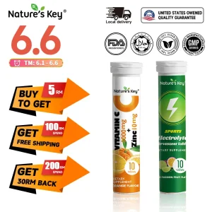 Nature's Key 1000mg Vitamin C + 10mg Zinc Tablet Effervescent， Tablet Efervesen Elektrolit，Multiple bottles Set，10 tablet dalam satu botol Health Supplements