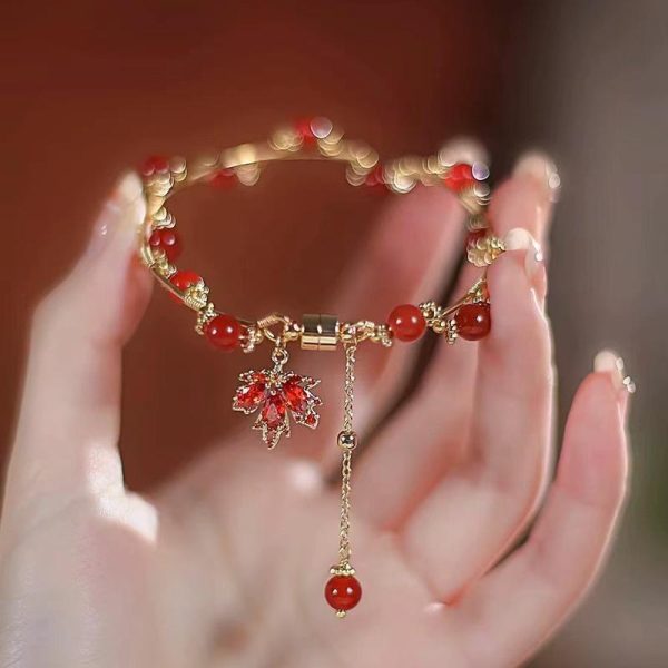 [Agate 14K gold]Gelang Musim Panas Manik Batu Akik Merah Reka bentuk daun maple, Gelang Cantik Hypoallergenic boleh laras untuk Wanita Barang kemas yang bergaya dan serba boleh