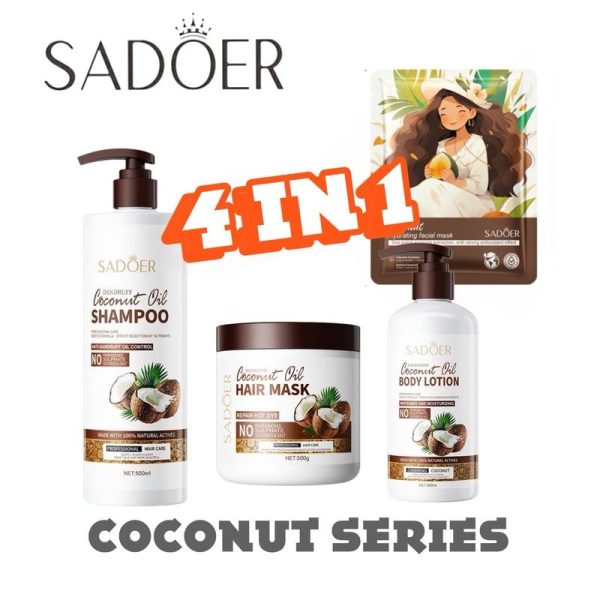 YGwithLOVE SADOER Coconut Oil Series Hair & Body Set (4in1) (Shampoo, Hair Mask, Body Lotion, Facial Mask randomly x1) Haircare Conditioner Koko