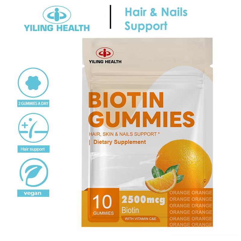 Yiling Biotin Gummies, dengan Vitamin C dan E, Menyokong Pertumbuhan Rambut dan Kuku, Kulit Cantik, Sesuai untuk Wanita, Lelaki dan Kanak-kanak, Vegan, Perisa Oren, 10 Kiraan
