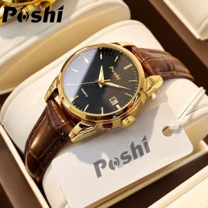 Jam Tangan Wanita Berkilau Gaya Korea, Jenama POSHI, Jam Tangan Kulit Fesyen, Untuk Wanita, Kalis Air, 100% Asli