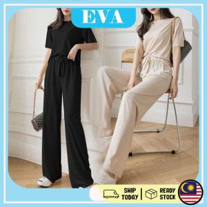 READY STOCK EVA Summer Women Pajamas Thin Ice Silk Loose Short Sleeve Shirt Cute home Service Suit Drape Ice Silk Wide Leg Pants