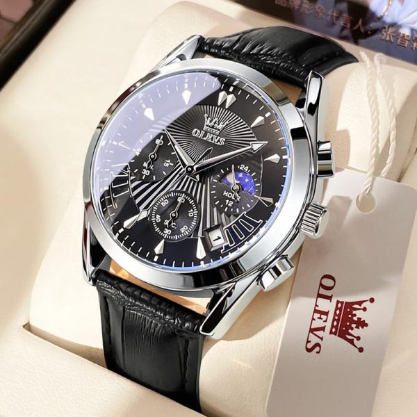 OLEVS G2876 Jam Tangan Original Lelaki Watch for Men Quartz Analog Genuine Fashion Leather Waterproof with Sun Moon Star Multifunctional Calendar Luminous Men's Watches Rotundity Material logam kulit Pejabat parti pemberian hadiah Garanti 1 tahun