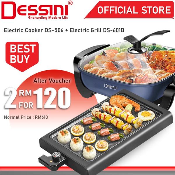 DESSINI ITALY Electric Cooker Steamboat Hot Pot Casserole Frying Wok Pan Rice Cooker Periuk Masak Elektrik + BBQ Grill Steak Teppanyaki Barbecue Baking Pan
