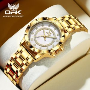 OPK Jam Tangan Perempuan Wanita Original Waterproof Quartz Movement Stainless Steel Luminous Business Fashion Luxurious Gold White Women Watch 6011 Watches Rotundity Bahan logam dalam stok Banyak warna Pejabat parti pemberian hadiah Garanti 1 tahun