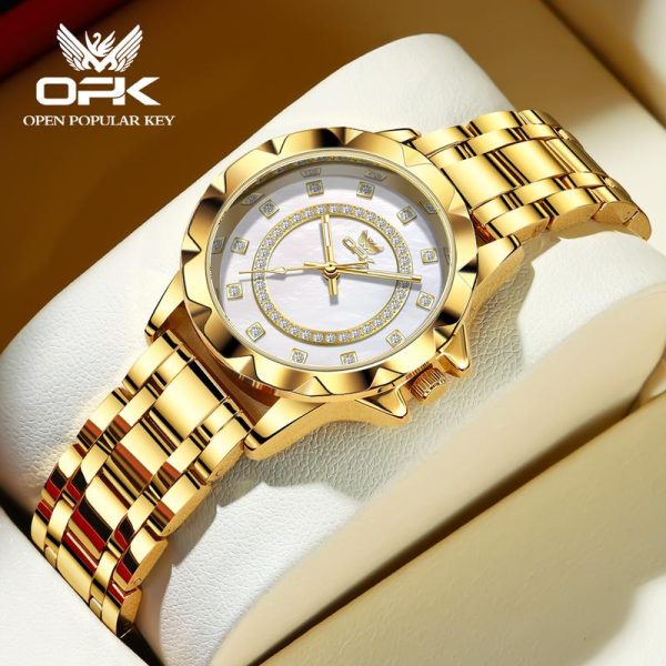 OPK Jam Tangan Perempuan Wanita Original Waterproof Quartz Movement Stainless Steel Luminous Business Fashion Luxurious Gold White Women Watch 6011 Watches Rotundity Bahan logam dalam stok Banyak warna Pejabat parti pemberian hadiah Garanti 1 tahun