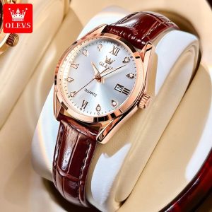 OLEVS Jam Tangan Wanita Asli Kalis Air Pergerakan Kuarza Tali Kulit Berkilau dengan Tali Berlian Fungsi Tarikh Gaya Mewah 5522 Watches Bead Rotundity Material logam+kulit dalam stok Warna berbilang Pejabat, parti, pemberian hadiah Garanti 1 tahun
