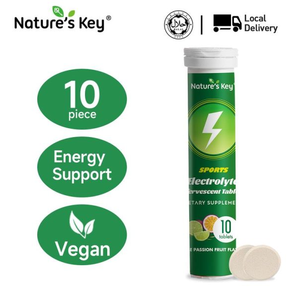 Nature's Key Tablet Efervesen Elektrolit, membantu menambah hidrasi dan tenaga, rasa limau nipis dan buah markisa, 10 tablet per botol