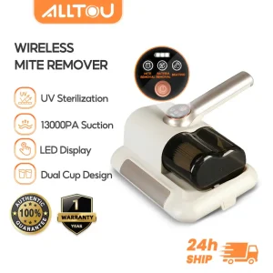 ALLTOU Handheld Dust Mite Vacuum Cleaner Cordless 13000PA Suction Mite Remover For Bed Sofa Mattress Blanket Carpet Portable Wireless Vacuum Cleaner HEPA Filter UV Light Sterilisation