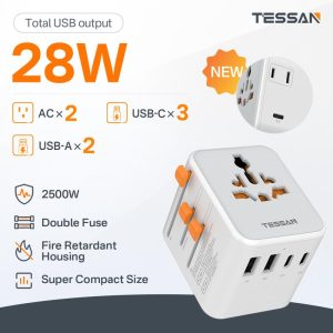 【Tessan Special】Penyesuai Kuasa Universal, TESSAN, Penyesuai Palam Antarabangsa, dengan 4 Port USB (1 USB C), Pengecas Dinding Penting Perjalanan Seluruh Dunia