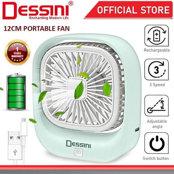 DESSINI ITALY 3 Speed USB Rechargeable Stand Table Desk Fan Air Ventilator Conditioner Cooler Humidifier Kipas