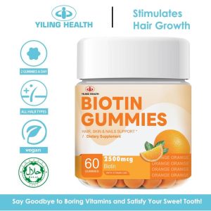 Yiling-biotin gummies dengan vitamin C dan E, menyokong pertumbuhan kuku rambut dan kulit yang cantik untuk wanita, lelaki dan kanak-kanak, vegan, perisa oren, 60 kiraan yiling sleepygummies yiling gummies