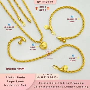 Rantai Pintal Padu 4MM Set COP916 - RL Panjang 60CM - RT Panjang 18CM - RK Panjang 27CM - Love 1.5CM - Gaya harian - Aksesori Bersalut Emas - Tahan lasak - Hypoallergenic - XYPRETTY