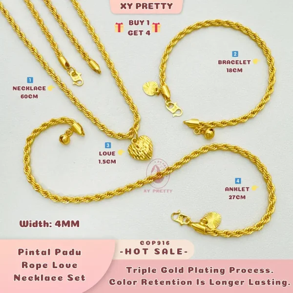 Rantai Pintal Padu 4MM Set COP916 - RL Panjang 60CM - RT Panjang 18CM - RK Panjang 27CM - Love 1.5CM - Gaya harian - Aksesori Bersalut Emas - Tahan lasak - Hypoallergenic - XYPRETTY
