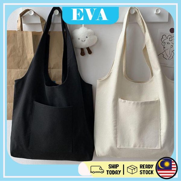 READY STOCK EVA Bag Women new popular canvas bag Korean Version high capacity one shoulder handbag student Tote Pocket Totebag Wanita Black