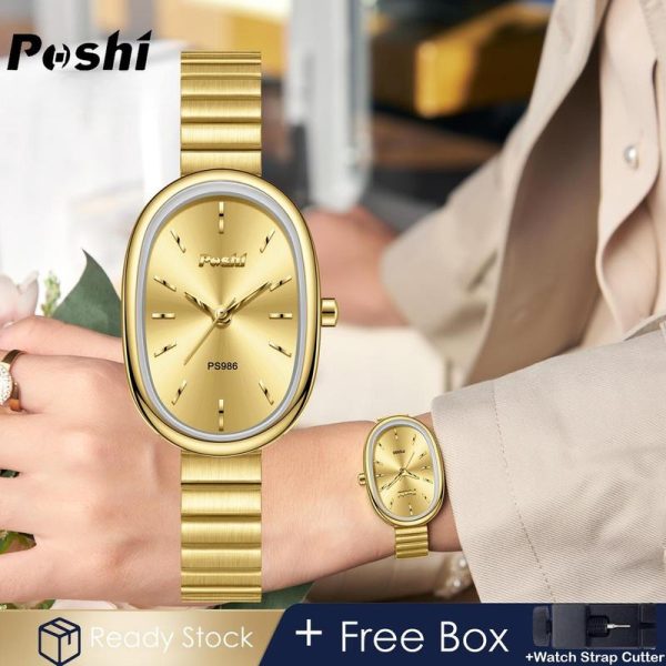Jam Tangan POSHI, Untuk Wanita, Kalis Air, Jam Tangan Kuarza Elegan, Gaya Korea, Keluli Tahan Karat Emas, Fesyen, Dail Kecil Bujur Retro, dengan Kalendar, Berkilau, Termasuk Kotak Percuma dan Pengawal Selia