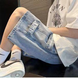 Seluar pendek denim gaya Hong Kong untuk lelaki, seluar kasual serba guna dengan personaliti, panjang lutut, gaya Korea, musim panas