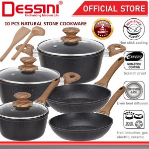 DESSINI ITALY Natural Stone 10 Pcs Die Cast Aluminium Induction Non Stick Casserole Pot Bowl Fry Pan Cookware PERIUK